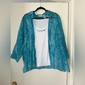 Alfred Dunner Teal Floral Blouse with White Layer